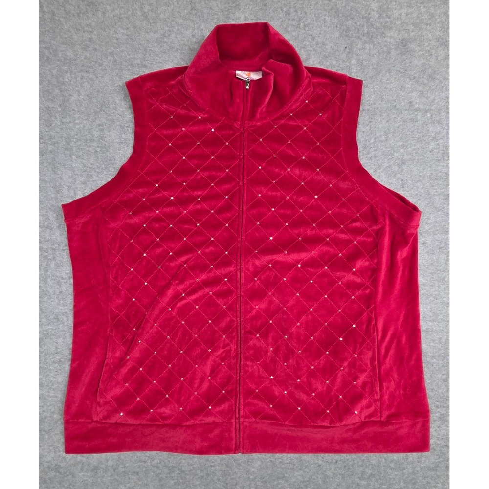 Quacker Factory Women's 2X Velour Vest Pink Rhinestone Quilted Full Zip
